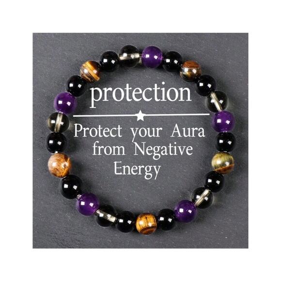 Jewelry - Natural Tiger Eye & Amethyst Beaded Bracelet, Stretchy Healing Crystal Bracelet